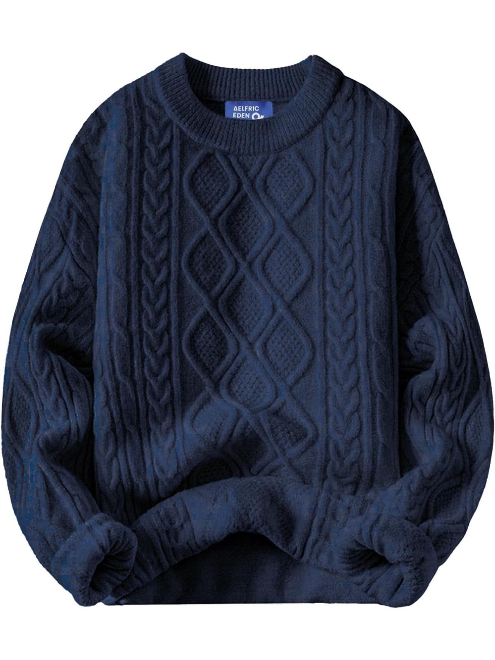 Women's Dark Blue Crewneck Pullover Long Sleeve Vintage Cable Oversized Sweater